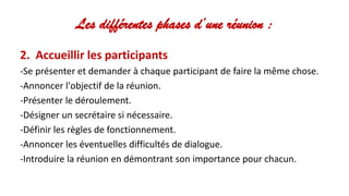 Les différentes phases d’une réunion :
2. Accueillir les participants
-Se présenter et demander à chaque participant de faire la même chose.
-Annoncer l'objectif de la réunion.
-Présenter le déroulement.
-Désigner un secrétaire si nécessaire.
-Définir les règles de fonctionnement.
-Annoncer les éventuelles difficultés de dialogue.
-Introduire la réunion en démontrant son importance pour chacun.
 