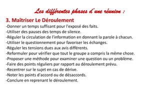 Les différentes phases d’une réunion :
3. Maîtriser Le Déroulement
-Donner un temps suffisant pour l'exposé des faits.
-Utiliser des pauses des temps de silence.
-Réguler la circulation de l'information en donnant la parole à chacun.
-Utiliser le questionnement pour favoriser les échanges.
-Réguler les tensions dues aux avis différents.
-Reformuler pour vérifier que tout le groupe a compris la même chose.
-Proposer une méthode pour examiner une question ou un problème.
-Faire des points réguliers par rapport au déroulement prévu.
-Recentrer sur le sujet en cas de dérive.
-Noter les points d'accord ou de désaccords.
-Conclure en reprenant le déroulement.
 