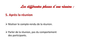 Les différentes phases d’une réunion :
5. Après la réunion
 Réaliser le compte-rendu de la réunion.
 Parler de la réunion, pas du comportement
des participants.
 