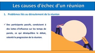 Les causes d’échec d’un réunion
1. Problèmes liés au déroulement de la réunion
 Des participants passifs, conduisent à
des luttes d'influence sur les temps de
parole, ce qui déséquilibre le débat,
ralentit la progression de la réunion.
 