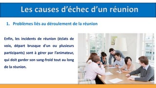 Les causes d’échec d’un réunion
1. Problèmes liés au déroulement de la réunion
Enfin, les incidents de réunion (éclats de
voix, départ brusque d'un ou plusieurs
participants) sont à gérer par l’animateur,
qui doit garder son sang-froid tout au long
de la réunion.
 
