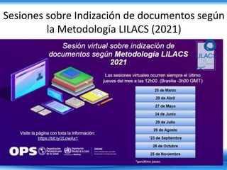 Sesiones para bibliotecólogos de la red
Sesiones sobre Indización de documentos según
la Metodología LILACS (2021)
 