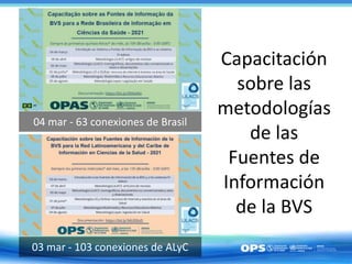04 mar - 63 conexiones de Brasil
03 mar - 103 conexiones de ALyC
Capacitación
sobre las
metodologías
de las
Fuentes de
Información
de la BVS
 