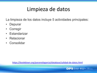 Limpieza de datos
La limpieza de los datos incluye 5 actividades principales:
• Depurar
• Corregir
• Estandarizar
• Relacionar
• Consolidar
https://bookdown.org/paranedagarcia/database/calidad-de-datos.html
 