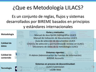 Metodologia
Calidad de
datos
Calidad de
contenido
Tecnología
¿Que es Metodología LILACS?
Es un conjunto de reglas, flujos y sistemas
desarrollados por BIREME basados en principios
y estándares internacionales
Arbitraje por pares
International Clinical
Trials Registry Platform
Declaração de Singapura
Reprodutibilidad de la investigación
UNISIST INDEXING
Servicio de
OAI-PMH
U.S. National
Library of
Medicine
International
Standard
Bibliographic
Description (ISBD)
Guias y manuales:
Manual de descripción bibliográfica LILACS
Manual de indización de documentos LILACS
Guia de selección de documentos LILACS
Criterios de selección y permanência de revistas en LILACS
Diccionario de datos de la metodologia LILACS
Sistemas vigentes:
FI-Admin (Administración de Fuentes de Información)
BIREME Accounts
Sistemas en proceso de descontinuidad:
LILACS Submission
LILDBI-Web
 