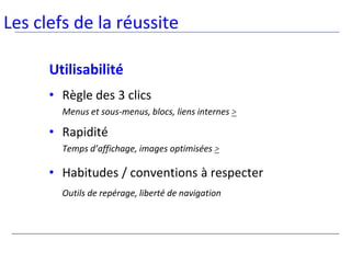 Les clefs de la réussite

      Utilisabilité
      • Règle des 3 clics
        Menus et sous-menus, blocs, liens internes >

      • Rapidité
        Temps d’affichage, images optimisées >

      • Habitudes / conventions à respecter
        Outils de repérage, liberté de navigation
 