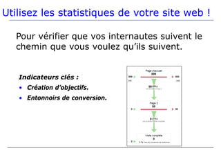 Utilisez les statistiques de votre site web !

  Pour vérifier que vos internautes suivent le
  chemin que vous voulez qu’ils suivent.


   Indicateurs clés :
   • Création d’objectifs.
   • Entonnoirs de conversion.
 