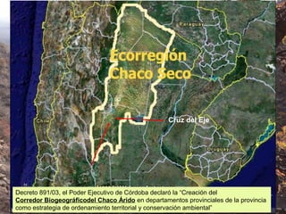 Cruz del Eje




Decreto 891/03, el Poder Ejecutivo de Córdoba declaró la “Creación del
Corredor Biogeográficodel Chaco Árido en departamentos provinciales de la provincia
como estrategia de ordenamiento territorial y conservación ambiental”
 