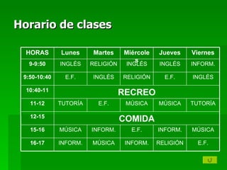 Horario de clases E.F. RELIGIÓN INFORM. MÚSICA INFORM. 16-17 MÚSICA INFORM. E.F. INFORM. MÚSICA 15-16 COMIDA 12-15 TUTORÍA MÚSICA MÚSICA E.F. TUTORÍA 11-12 RECREO 10:40-11 INGLÉS E.F. RELIGIÓN INGLÉS E.F. 9:50-10:40 INFORM. INGLÉS INGLÉS RELIGIÓN INGLÉS 9-9:50 Viernes Jueves Miércoles Martes Lunes HORAS 