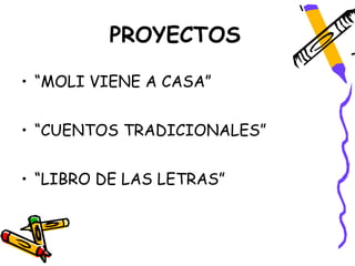 PROYECTOS

• “MOLI VIENE A CASA”


• “CUENTOS TRADICIONALES”


• “LIBRO DE LAS LETRAS”
 
