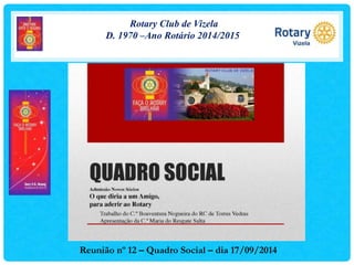 Rotary Club de Vizela 
D. 1970 –Ano Rotário 2014/2015 
Reunião nº 12 – Quadro Social – dia 17/09/2014 
 
