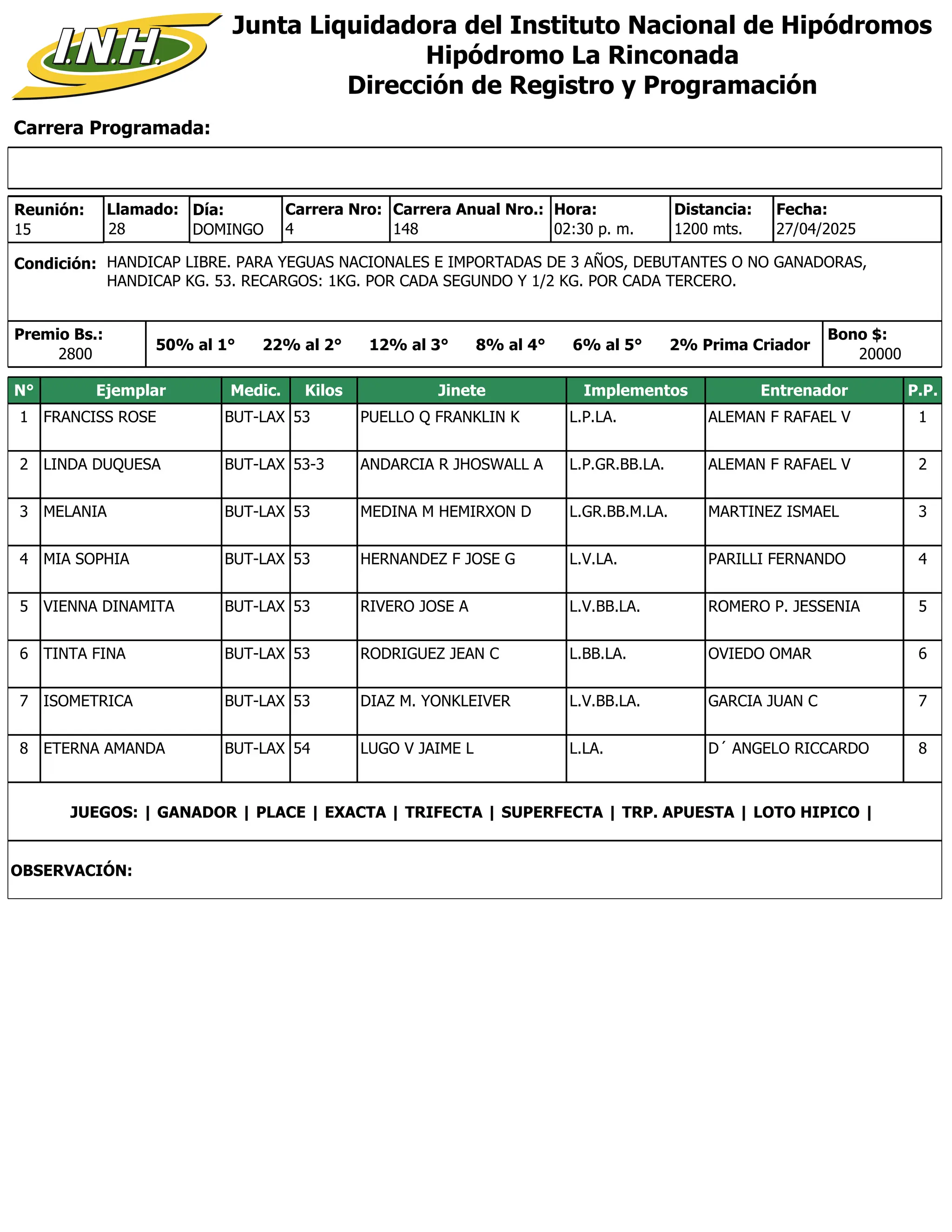 Carrera Programada:
Junta Liquidadora del Instituto Nacional de Hipódromos
Hipódromo La Rinconada
Dirección de Registro y Programación
Condición: HANDICAP LIBRE. PARA YEGUAS NACIONALES E IMPORTADAS DE 3 AÑOS, DEBUTANTES O NO GANADORAS,
HANDICAP KG. 53. RECARGOS: 1KG. POR CADA SEGUNDO Y 1/2 KG. POR CADA TERCERO.
Reunión:
15
Día:
DOMINGO
Distancia:
1200 mts.
4
Carrera Nro:
Llamado:
28 148
Carrera Anual Nro.: Hora:
02:30 p. m.
Premio Bs.:
2800
Bono $:
20000
27/04/2025
Fecha:
50% al 1° 22% al 2° 12% al 3° 8% al 4° 6% al 5° 2% Prima Criador
N° Ejemplar Medic. Kilos Jinete Implementos Entrenador P.P.
1 FRANCISS ROSE BUT-LAX 53 PUELLO Q FRANKLIN K L.P.LA. ALEMAN F RAFAEL V 1
2 LINDA DUQUESA BUT-LAX 53-3 ANDARCIA R JHOSWALL A L.P.GR.BB.LA. ALEMAN F RAFAEL V 2
3 MELANIA BUT-LAX 53 MEDINA M HEMIRXON D L.GR.BB.M.LA. MARTINEZ ISMAEL 3
4 MIA SOPHIA BUT-LAX 53 HERNANDEZ F JOSE G L.V.LA. PARILLI FERNANDO 4
5 VIENNA DINAMITA BUT-LAX 53 RIVERO JOSE A L.V.BB.LA. ROMERO P. JESSENIA 5
6 TINTA FINA BUT-LAX 53 RODRIGUEZ JEAN C L.BB.LA. OVIEDO OMAR 6
7 ISOMETRICA BUT-LAX 53 DIAZ M. YONKLEIVER L.V.BB.LA. GARCIA JUAN C 7
8 ETERNA AMANDA BUT-LAX 54 LUGO V JAIME L L.LA. D´ ANGELO RICCARDO 8
JUEGOS: | GANADOR | PLACE | EXACTA | TRIFECTA | SUPERFECTA | TRP. APUESTA | LOTO HIPICO |
OBSERVACIÓN:
 