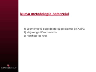Nuevo metodología comercial 1) Segmentar la base de datos de clientes en A/B/C 2) Mejorar gestión comercial 3) Planificar las rutas 