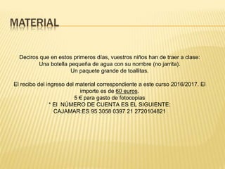 Deciros que en estos primeros días, vuestros niños han de traer a clase:
Una botella pequeña de agua con su nombre (no jarrita).
Un paquete grande de toallitas.
El recibo del ingreso del material correspondiente a este curso 2016/2017. El
importe es de 60 euros.
5 € para gasto de fotocopias
* El NÚMERO DE CUENTA ES EL SIGUIENTE:
CAJAMAR:ES 95 3058 0397 21 2720104821
 