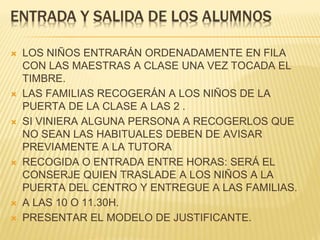  LOS NIÑOS ENTRARÁN ORDENADAMENTE EN FILA
CON LAS MAESTRAS A CLASE UNA VEZ TOCADA EL
TIMBRE.
 LAS FAMILIAS RECOGERÁN A LOS NIÑOS DE LA
PUERTA DE LA CLASE A LAS 2 .
 SI VINIERA ALGUNA PERSONA A RECOGERLOS QUE
NO SEAN LAS HABITUALES DEBEN DE AVISAR
PREVIAMENTE A LA TUTORA
 RECOGIDA O ENTRADA ENTRE HORAS: SERÁ EL
CONSERJE QUIEN TRASLADE A LOS NIÑOS A LA
PUERTA DEL CENTRO Y ENTREGUE A LAS FAMILIAS.
 A LAS 10 O 11.30H.
 PRESENTAR EL MODELO DE JUSTIFICANTE.
 