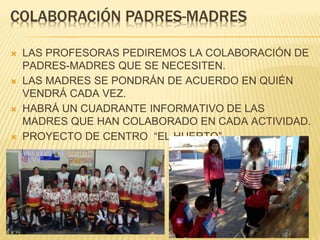  LAS PROFESORAS PEDIREMOS LA COLABORACIÓN DE
PADRES-MADRES QUE SE NECESITEN.
 LAS MADRES SE PONDRÁN DE ACUERDO EN QUIÉN
VENDRÁ CADA VEZ.
 HABRÁ UN CUADRANTE INFORMATIVO DE LAS
MADRES QUE HAN COLABORADO EN CADA ACTIVIDAD.
 PROYECTO DE CENTRO “EL HUERTO”.
 
