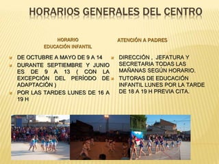 HORARIO
EDUCACIÓN INFANTIL
ATENCIÓN A PADRES
 DE OCTUBRE A MAYO DE 9 A 14
 DURANTE SEPTIEMBRE Y JUNIO
ES DE 9 A 13 ( CON LA
EXCEPCIÓN DEL PERÍODO DE
ADAPTACIÓN )
 POR LAS TARDES LUNES DE 16 A
19 H
 DIRECCIÓN , JEFATURA Y
SECRETARIA TODAS LAS
MAÑANAS SEGÚN HORARIO.
 TUTORAS DE EDUCACIÓN
INFANTIL LUNES POR LA TARDE
DE 18 A 19 H PREVIA CITA.
 