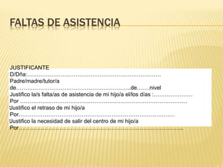 JUSTIFICANTE
D/Dña:………………………………………………………………
Padre/madre/tutor/a
de……………………………………………………..de…….nivel
Justifico la/s falta/as de asistencia de mi hijo/a el/los días :…………………
Por ………………………………………………………………………………
⁭Justifico el retraso de mi hijo/a
Por…………………………………………………………………………
⁭Justifico la necesidad de salir del centro de mi hijo/a
Por……………………………………………………………………………..
 
