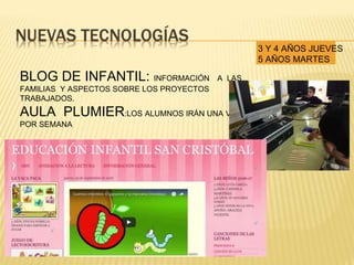 BLOG DE INFANTIL: INFORMACIÓN A LAS
FAMILIAS Y ASPECTOS SOBRE LOS PROYECTOS
TRABAJADOS.
AULA PLUMIER:LOS ALUMNOS IRÁN UNA VEZ
POR SEMANA
3 Y 4 AÑOS JUEVES
5 AÑOS MARTES
 