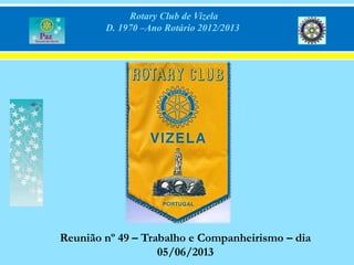 Rotary Club de Vizela
D. 1970 –Ano Rotário 2012/2013
Reunião nº 49 – Trabalho e Companheirismo – dia
05/06/2013
 