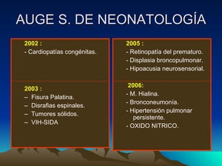 AUGE S. DE NEONATOLOGÍA 2002 :   - Cardiopatías congénitas. 2003 :  Fisura Palatina. Disrafias espinales. Tumores sólidos. VIH-SIDA 2005 : - Retinopatía del prematuro. - Displasia broncopulmonar. - Hipoacusia neurosensorial. 2006:   - M. Hialina. - Bronconeumonía. - Hipertensión pulmonar persistente. - OXIDO NITRICO. 