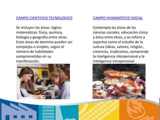 CAMPO CIENTIFICO TECNOLOGICO
Se incluyen las áreas: lógico-
matemáticas: física, química,
biología y geografía entre otras.
Estas áreas de dominio pueden ser
complejas o simples, según el
número de habilidades
comprometidas en su
manifestación.
CAMPO HUMANÍSTICO SOCIAL
Contempla las áreas de las
ciencias sociales, educación cívica
y ética entre otras, y se refiere a
aspectos como el estudio de la
cultura (ideas, valores, religión,
creencias, tradiciones, comprende
la inteligencia interpersonal y la
inteligencia intrapersonal.
 