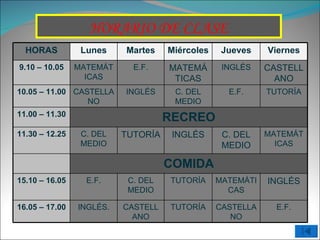 HORARIO DE CLASE HORAS Lunes Martes Miércoles Jueves Viernes 9.10 – 10.05 MATEMÁTICAS E.F. MATEMÁTICAS INGLÉS CASTELLANO 10.05 – 11.00 CASTELLANO INGLÉS C. DEL MEDIO E.F. TUTORÍA 11.00 – 11.30 RECREO 11.30 – 12.25 C. DEL MEDIO TUTORÍA INGLÉS C. DEL MEDIO MATEMÁTICAS COMIDA 15.10 – 16.05 E.F. C. DEL MEDIO TUTORÍA MATEMÁTICAS INGLÉS 16.05 – 17.00 INGLÉS. CASTELLANO TUTORÍA CASTELLANO E.F. 