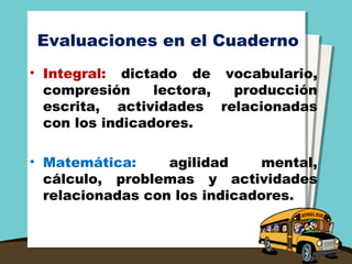Evaluaciones en el Cuaderno
• Integral: dictado de vocabulario,
compresión lectora, producción
escrita, actividades relacionadas
con los indicadores.
• Matemática: agilidad mental,
cálculo, problemas y actividades
relacionadas con los indicadores.
 