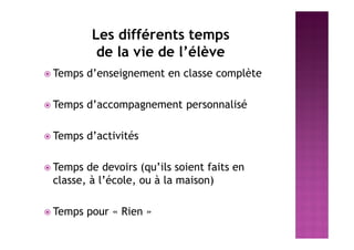 Les différents temps
de la vie de l’élève
 Temps d’enseignement en classe complète
 Temps d’accompagnement personnalisé
 Temps d’activités
 Temps de devoirs (qu’ils soient faits en
classe, à l’école, ou à la maison)
 Temps pour « Rien »
 