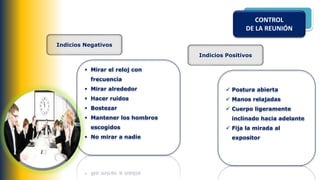CONTROL
DE LA REUNIÓN
Indicios Negativos
 Mirar el reloj con
frecuencia
 Mirar alrededor
 Hacer ruidos
 Bostezar
 Mantener los hombros
escogidos
 No mirar a nadie
Indicios Positivos
 Postura abierta
 Manos relajadas
 Cuerpo ligeramente
inclinado hacia adelante
 Fija la mirada al
expositor
 