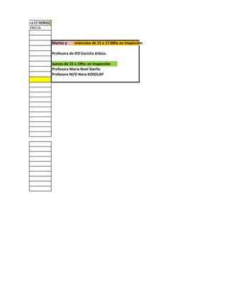 JUEVES 27 , 15 a 17 HORAS
GEOGRAFÍA- LENGUA

Martes y

miércoles de 15 a 17:00hs en Inspección

Profesora de IFD Ceciclia Arbiza.
Jueves de 15 a 19hs: en Inspección
Profesora María Noel Sterlla
Profesora M/D Nora KOSOLAP

 