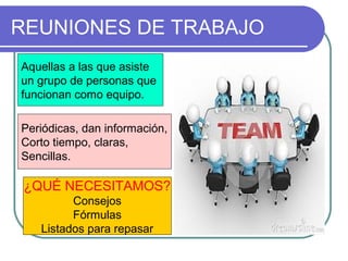 REUNIONES DE TRABAJO
Aquellas a las que asiste
un grupo de personas que
funcionan como equipo.
Periódicas, dan información,
Corto tiempo, claras,
Sencillas.
¿QUÉ NECESITAMOS?
Consejos
Fórmulas
Listados para repasar
 