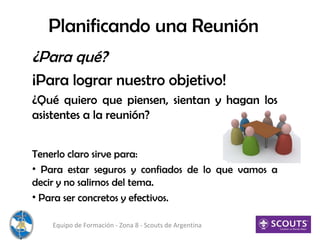 Planificando una Reunión
¿Para qué?
¡Para lograr nuestro objetivo!
¿Qué quiero que piensen, sientan y hagan los
asistentes a la reunión?
Equipo de Formación - Zona 8 - Scouts de Argentina
Tenerlo claro sirve para:
• Para estar seguros y confiados de lo que vamos a
decir y no salirnos del tema.
• Para ser concretos y efectivos.
 