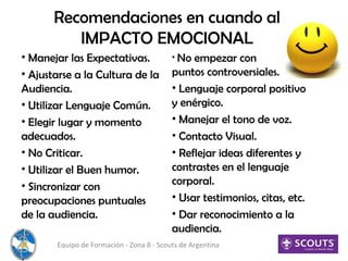 Recomendaciones en cuando al
IMPACTO EMOCIONAL
• Manejar las Expectativas.
• Ajustarse a la Cultura de la
Audiencia.
• Utilizar Lenguaje Común.
• Elegir lugar y momento
adecuados.
• No Criticar.
• Utilizar el Buen humor.
• Sincronizar con
preocupaciones puntuales
de la audiencia.
Equipo de Formación - Zona 8 - Scouts de Argentina
• No empezar con
puntos controversiales.
• Lenguaje corporal positivo
y enérgico.
• Manejar el tono de voz.
• Contacto Visual.
• Reflejar ideas diferentes y
contrastes en el lenguaje
corporal.
• Usar testimonios, citas, etc.
• Dar reconocimiento a la
audiencia.
 