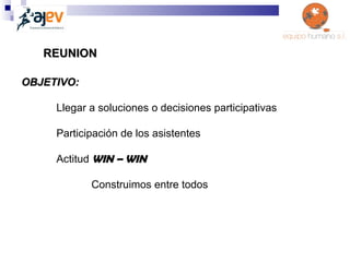 REUNION OBJETIVO: Llegar a soluciones o decisiones participativas Participación de los asistentes Actitud  WIN – WIN Const...