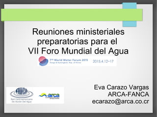 Reuniones ministeriales
preparatorias para el
VII Foro Mundial del Agua
Eva Carazo Vargas
ARCA-FANCA
ecarazo@arca.co.cr
 