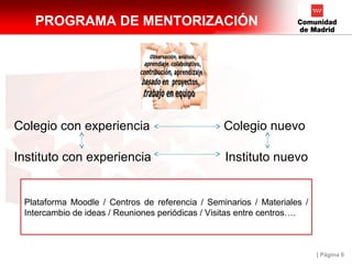 | Página 6
PROGRAMA DE MENTORIZACIÓN
Colegio con experiencia Colegio nuevo
Instituto con experiencia Instituto nuevo
Plataforma Moodle / Centros de referencia / Seminarios / Materiales /
Intercambio de ideas / Reuniones periódicas / Visitas entre centros….
 