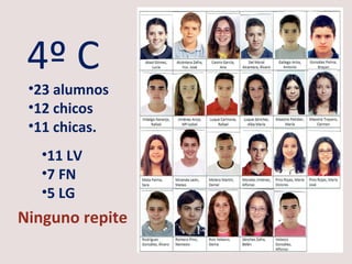 4º C 
•23 alumnos 
•12 chicos 
•11 chicas. 
•11 LV 
•7 FN 
•5 LG 
Ninguno repite 
 