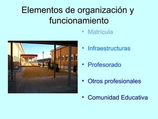 Elementos de organización y
      funcionamiento
              • Matrícula

              • Infraestructuras

              • Profesorado

              • Otros profesionales

              • Comunidad Educativa
 