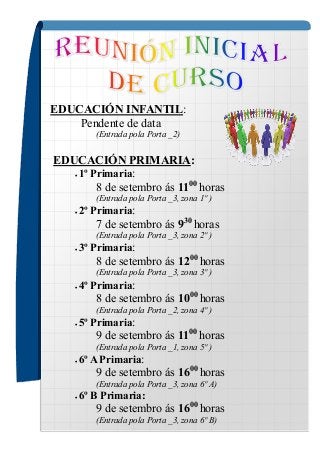 EDUCACIÓN INFANTIL:
Pendente de data
(Entrada pola Porta _2)
EDUCACIÓN PRIMARIA:
 1º Primaria:
8 de setembro ás 1100
hora...