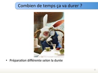 Combien	
  de	
  temps	
  ça	
  va	
  durer	
  ?	
  




	
  
	
  
•  PréparaEon	
  diﬀérente	
  selon	
  la	
  durée	
  
	
  
                                                                  15	
  
 