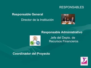Responsable Administrativo   Jefe del Depto. de  Recursos Financieros RESPONSABLES Responsable General  Director de la Institución Coordinador del Proyecto 