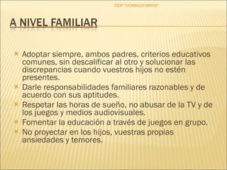 Adoptar siempre, ambos padres, criterios educativos comunes, sin descalificar al otro y solucionar las discrepancias cuando vuestros hijos no estén presentes. Darle responsabilidades familiares razonables y de acuerdo con sus aptitudes. Respetar las horas de sueño, no abusar de la TV y de los juegos y medios audiovisuales. Fomentar la educación a través de juegos en grupo. No proyectar en los hijos, vuestras propias ansiedades y temores. CEIP "DOMINGO MIRAS" 