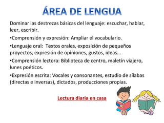 Dominar las destrezas básicas del lenguaje: escuchar, hablar,
leer, escribir.
•Comprensión y expresión: Ampliar el vocabulario.
•Lenguaje oral: Textos orales, exposición de pequeños
proyectos, expresión de opiniones, gustos, ideas…
•Comprensión lectora: Biblioteca de centro, maletín viajero,
lunes poéticos.
•Expresión escrita: Vocales y consonantes, estudio de sílabas
(directas e inversas), dictados, producciones propias.
Lectura diaria en casa
 