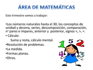 Este trimestre vamos a trabajar:
•Los números naturales hasta el 30, los conceptos de
unidad y decena, series, descomposición, comparación,
nos
pares e impares, anterior y posterior, signos <, >, =.
• Cálculo:
Suma y resta, cálculo mental.
•Resolución de problemas.
•La medida.
•Formas planas.
•Otros.
 