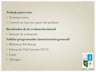 Trabajo para casa
Terminar tareas
Control en clase por parte del profesor
Resultados de la evaluación inicial
Informe de evaluación
Salidas programadas (autorización general)
Biblioteca Pío Baroja
Educación Vial (circuito DGT)
Esquí
Albergue
 