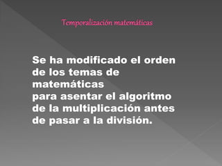 Se ha modificado el orden
de los temas de
matemáticas
para asentar el algoritmo
de la multiplicación antes
de pasar a la división.
 