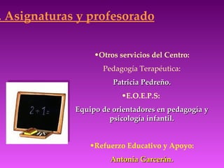 . Asignaturas y profesorado

                  •Otros servicios del Centro:
                    Pedagogía Terapéutica:
                       Patricia Pedreño.
                          •E.O.E.P.S:
             Equipo de orientadores en pedagogía y
                      psicología infantil.


                 •Refuerzo Educativo y Apoyo:
                      Antonia Garcerán.
 