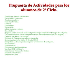 Propuesta de Actividades para los
            alumnos de 2º Ciclo.
Fiesta de los Tostones (Halloween).
Con la Música a otra parte.
Conciertos escolares.
Festival de Navidad.
Carnaval.
Teatro escolar.
Día de la Paz.
Salidas al pueblo y entorno.
Día del Libro.
¿Jugamos con los cuentos?” (Actividad promovida por la Biblioteca Municipal de Cartagena)
Los cuatro elementos.” (Actividad promovida por la Biblioteca Municipal de Cartagena)
Conoce el Mar Menor y su entorno.
El Campo de Cartagena: sus molinos y etnografía.
Itinerario guiado de las Norias de Abarán (CAM).
Gotagotham. (Actividad promovida por el Ayuntamiento de Cartagena).
Día de la”Bici”.
Teatro en inglés.
Entrevistas con familias inglesas.
Marcha al CEIP “Al-Kazar”.
Senderismo al Monte de las Cenizas.
Excursión Fin de Curso.
Fiesta Fin de Curso.
 