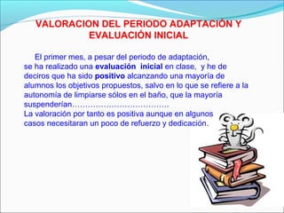 VALORACION DEL PERIODO ADAPTACIÓN Y
EVALUACIÓN INICIAL
El primer mes, a pesar del periodo de adaptación,
se ha realizado una evaluación inicial en clase, y he de
deciros que ha sido positivo alcanzando una mayoría de
alumnos los objetivos propuestos, salvo en lo que se refiere a la
autonomía de limpiarse sólos en el baño, que la mayoría
suspenderían……………………………….
La valoración por tanto es positiva aunque en algunos
casos necesitaran un poco de refuerzo y dedicación.

 